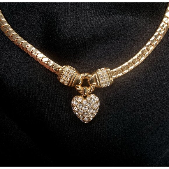 Vintage Swarovski Gold-Tone Necklace With Crystal Pave Heart Pendant & Textured - Picture 1 of 6